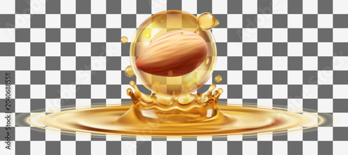 vector illustration of a golden almond oil glossy transparent serum bubble floats above perfect for cosmetic and skincare packaging.