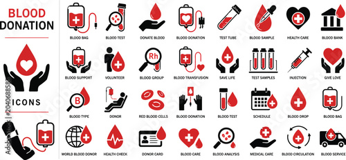 Foto Blood Donation Icon Set - Medical Healthcare and Transfusion Vector Symbols