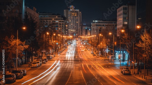 Bright City Nightscape with Flowing Traffic and Illuminated Streets Under Starry Sky