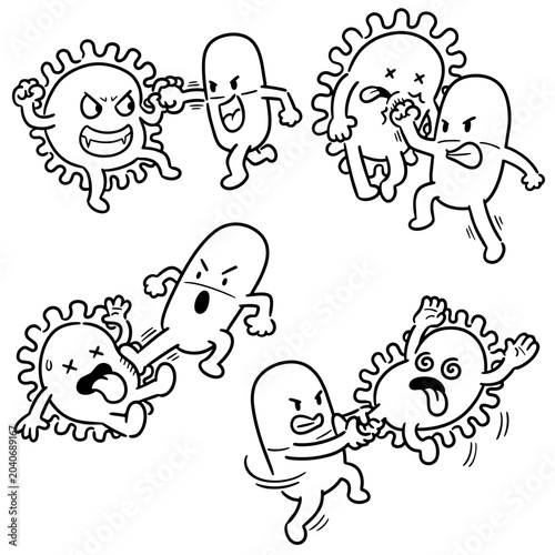 vector set of antibiotics fighting with bacteria