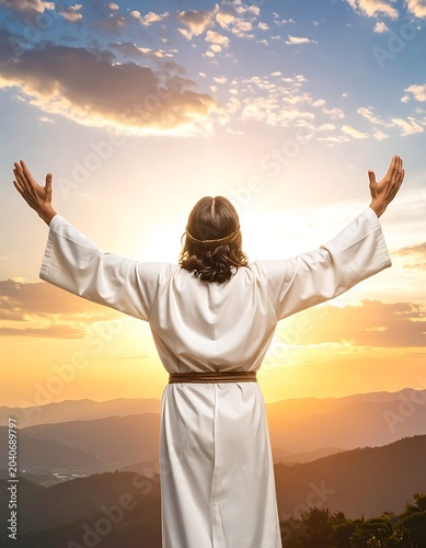 A serene figure stands with outstretched arms at sunset