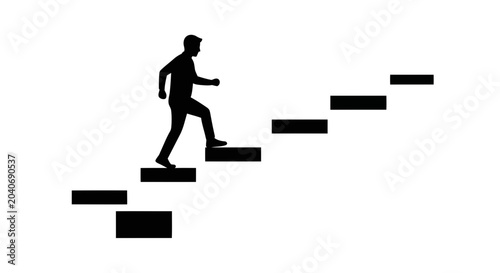 Silhouette of a person climbing stairs, minimalist design, success and progress concept, black and white illustration