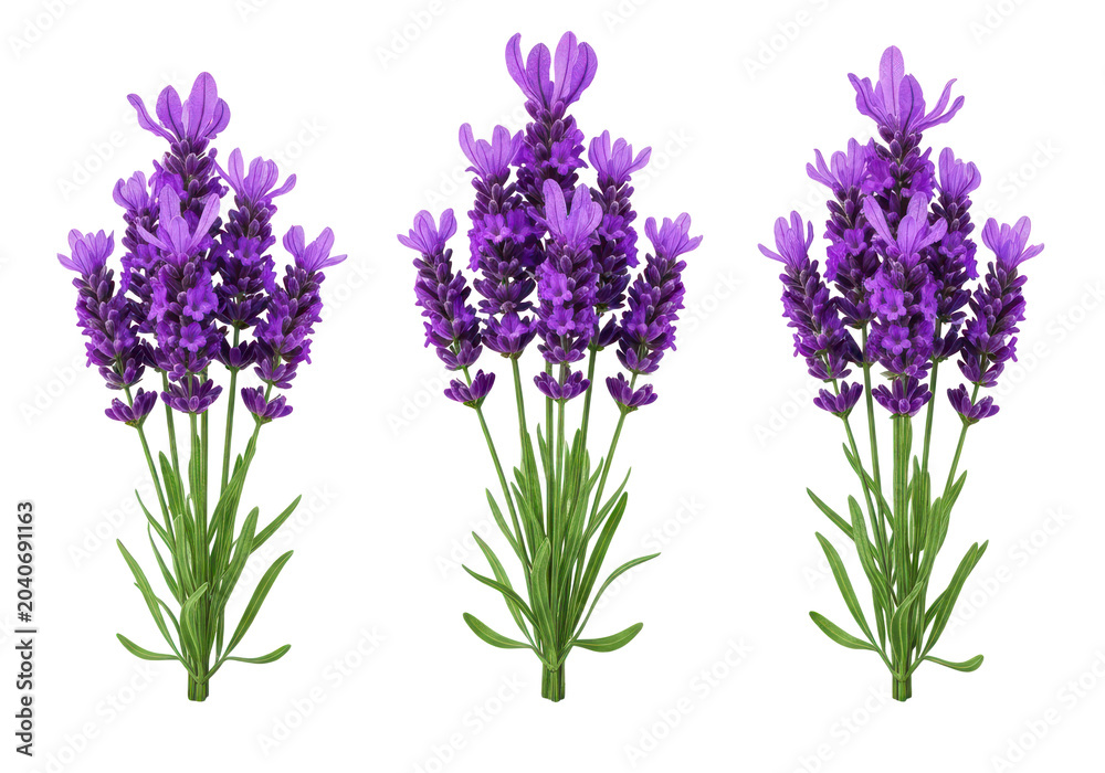 Fototapeta premium Three purple lavender flowers in a row