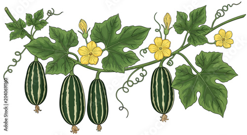 Foto Gourd vine with striped fruit, yellow flowers, and green leaves.