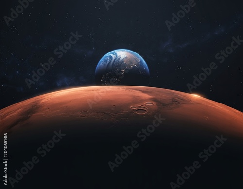 Scenic view of planet mars horizon with earth visible in deep space background during orbital sunrise.