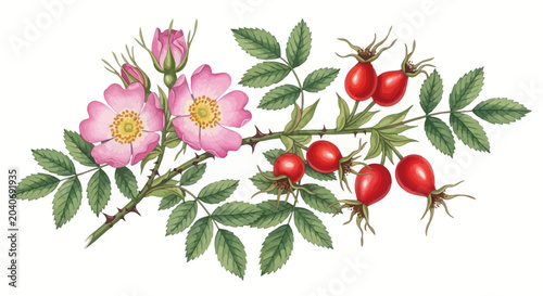 Fotografía Wild rose branch with pink flowers and red rosehips vector illustration