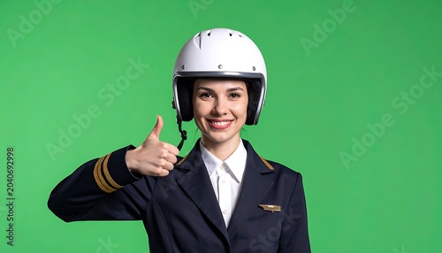 A smiling woman wearing a white helmet and a navy blue uniform with gold stripes on the sleeve against a green background