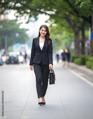 A woman in a business suit walking on a city street