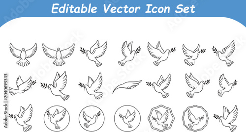 Decorative flying dove line art icon set with illustration, collection