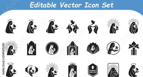 Religious virgin mary with dove icon set for sacred designs religion christian catholic blessing