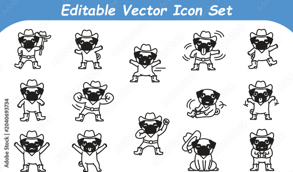 Obraz premium Cute cowboy pug dog character icon set with character illustration wildwest collection standing