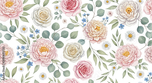 Watercolor Floral Pattern with Peonies, Roses, and Eucalyptus Leaves on White