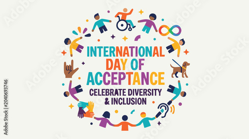 International day of acceptance banner featuring disability accessibility icons in colorful circular wreath style for inclusion campaign