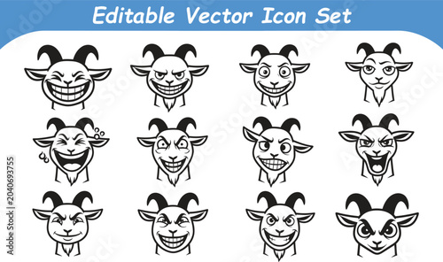 Collection of goat head icons with funny and angry expressions expression laughing character