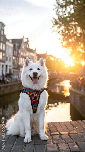 A white dog sits on a brick sidewalk by a canal at sunset