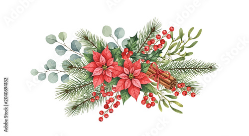 Watercolor Christmas bouquet with poinsettia flowers and winter foliage.
