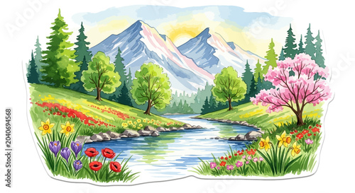 Foto Watercolor illustration of a spring mountain landscape with winding river
