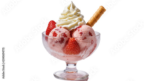 Canvastavla Strawberry ice cream sundae with whipped cream and wafer, isolated on transparen