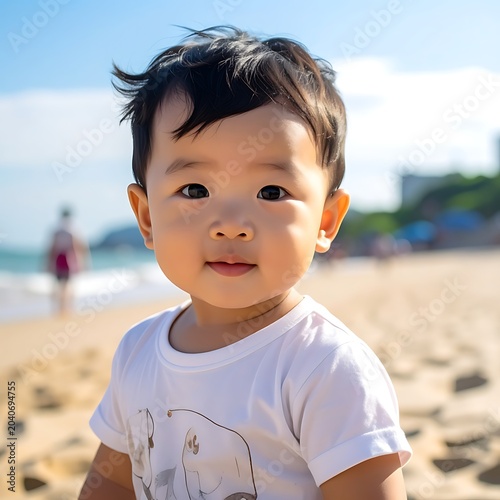 A young child with short dark hair smiles on a sunny beach