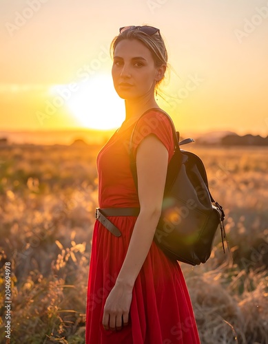 A woman in a red dress standing in a field at sunset