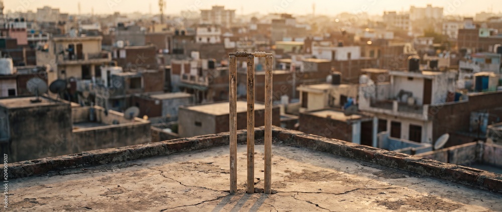 Fototapeta premium Cricket stumps on a rooftop overlooking a densely populated urban cityscape at sunset with numerous buildings and satellite dishes