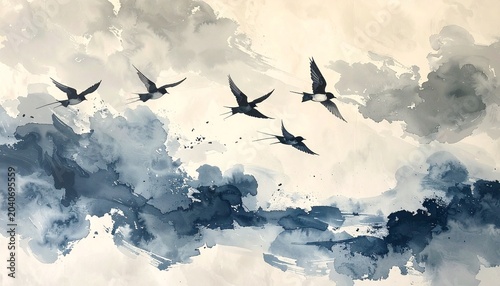 Swallow Swarm Abstract Motion Calligraphic Artwork
