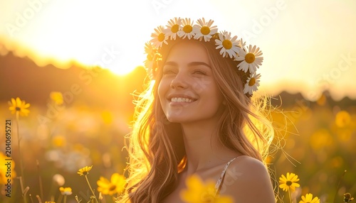 A woman smiles in a field of flowers at sunset