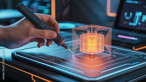 Hand holding stylus pen drawing 3d glowing orange cube on digital tablet in futuristic workspace with neon lights  technology concept