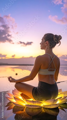 Serene woman meditates on lotus flower at sunset