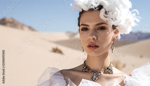 A woman in a white dress and feathered headpiece stands in the desert