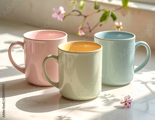 Three pastel-colored ceramic coffee mugs on a table
