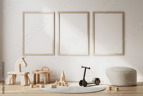 Playroom with wooden toys and scooter on a rug in front of white wall with empty picture frames  modern kids room interior with furniture and decorations