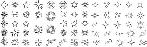sparkle and starburst line icon set. starburst line icon set with thin black editable stroke, bling stars sparkles signs.: Minimalist decorative design shine sparkle 