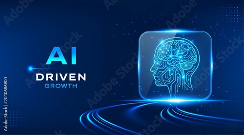 AI driven growth technology vector banner with futuristic microchip interface and glowing digital road on dark blue background. Modern artificial intelligence presentation template for business new