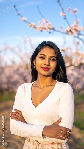 Smiling woman in white standing in a blossoming orchard