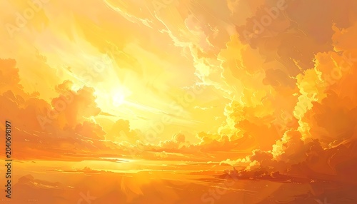 Vibrant orange sunset with fluffy clouds and sun rays