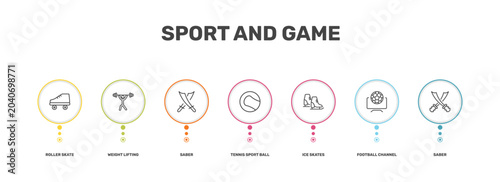 Foto sport and game icon set with roller skate, weight lifting, football channel, sab