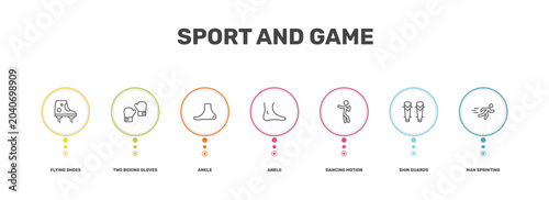 Canvastavla sport and game icon set with flying shoes, two boxing gloves, shin guards, man s