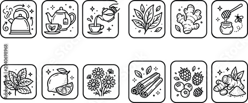 Herbal tea brewing and organic ingredients icon collection set with lemon ginger elements line art vector.