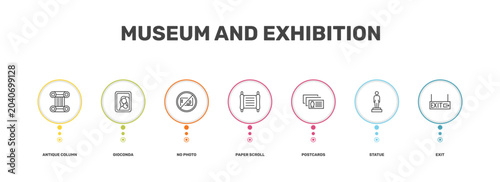 Εκτύπωση καμβά museum and exhibition icon set with antique column, gioconda, statue, exit signs