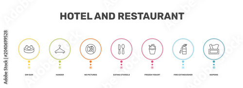 Foto hotel and restaurant icon set with dim sum, hanger, fire extinguisher, napkins s