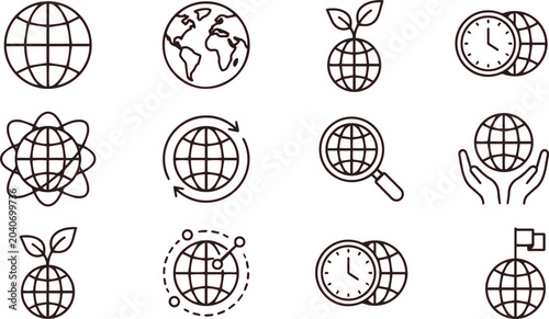Valokuva Globe line icons depict international concepts including time zones, environmental sustainability, and global leadership in a clean, professional style