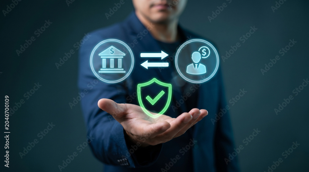 Fototapeta premium Businessman Displaying Secure Banking Hologram to Transfer Fund, Protect Transaction, Verify Account, and Shield Financial Data, Focusing on Digital Banking Security, Payment Protection