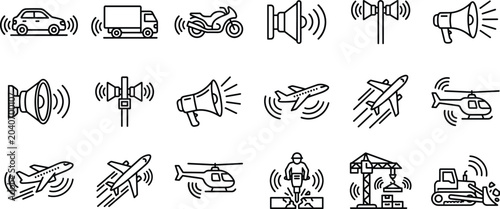 Quadro em tela Noise pollution and environmental sound icon collection set with traffic aviation construction elements line art vector