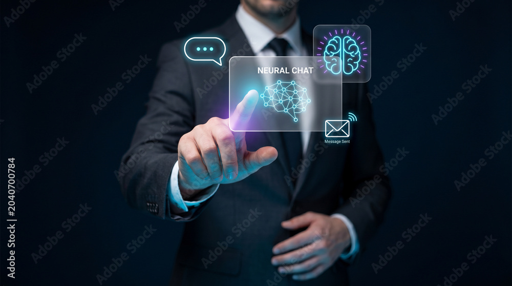 Obraz premium Businessman Touching Neural Chat Interface to Access Brain Network, Send Messages, Initiate Conversations, and Connect Communication Channels, Focusing on Robot Chat, Neural Language Processing