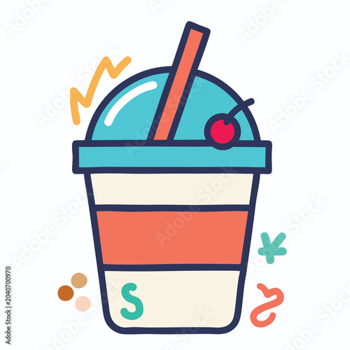 Colorful doodle style illustration of a refreshing cold drink with a straw and cherry.
