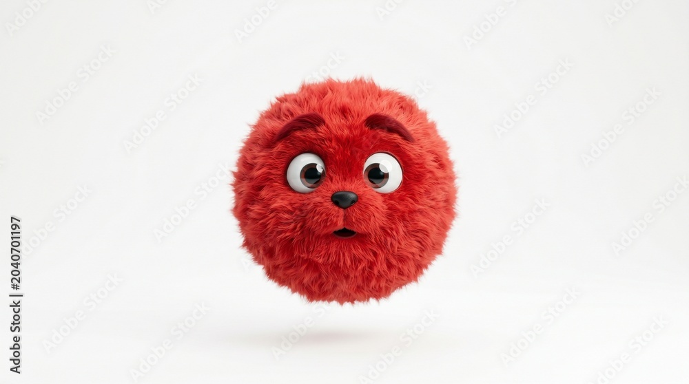 Fototapeta premium A curious red furry ball character floating on a white background, featuring raised eyebrows, attentive eyes, realistic fur, and an inquisitive expression.