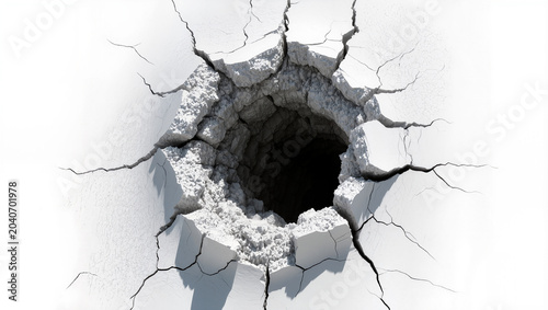 Fotografie Cracked white plaster surface with a dark hole in the center, isolated on transp