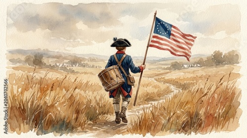 Revolutionary war drummer boy walking through field with american flag