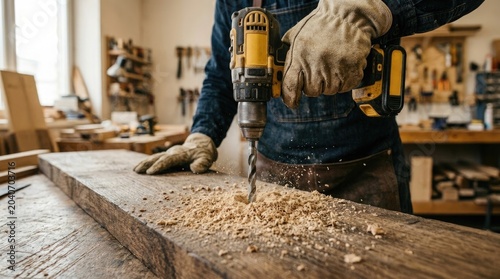 Woodworker drilling into rustic timber with power drill in workshop